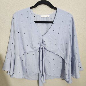 Lush Top Womens Small Light Blue Polka Dot Tie Front Bell Sleeve Whimse Cottagec